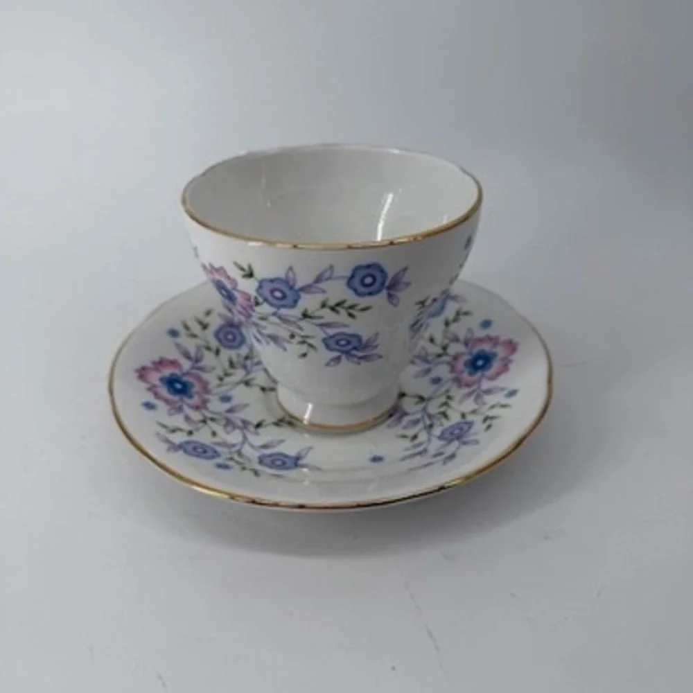 Avon Blue Blossoms Tea Cup and Saucer Set Fine Bone China England 1974 Vintage